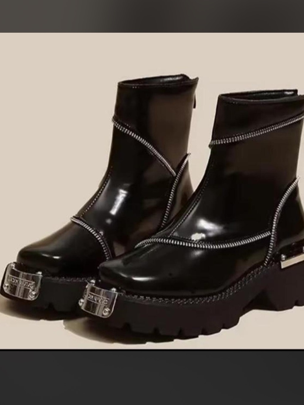 Amazon Black Patent Zipper-Trim Chunky Ankle Boots